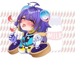  1girl blonde_streaks blunt_bangs blush bottle breath_weapon breathing_fire chili_pepper commentary cropped_torso fire gloves hair_flaps hair_ornament half-closed_eyes headgear highres hololive irasutoya jacket looking_at_viewer milk_bottle multicolored_hair narrowed_eyes nose_blush open_mouth osu_atou_osatou purple_hair raised_inner_eyebrows satellite_dish_hair_ornament short_hair solo sorashina_sopia spicy star_ahoge streaked_hair swept_bangs tongue tongue_out two-tone_hair virtual_youtuber white_background white_gloves white_jacket wide_sleeves 