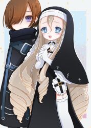 +_+ 2girls black_scarf blonde_hair blue_eyes brown_hair commentary_request cross cross_print garter_straps gloves highres magical_girl mahou_shoujo_ikusei_keikaku mahou_shoujo_ikusei_keikaku_unmarked multiple_drills multiple_girls nun nun_headdress open_mouth praying qoo_1025 scarf short_hair sister_nana smile thigh-highs violet_eyes weiss_winterprison white_gloves white_thighhighs 