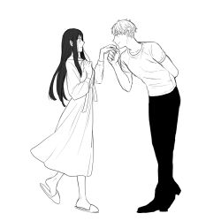  1boy 1girl arm_behind_back closed_mouth collarbone dress eye_contact full_body greyscale hetero highres long_hair long_sidelocks long_sleeves looking_at_another monochrome nightgown pants shirt shoes short_hair sidelocks simple_background slippers smile spy_x_family standing t-shirt tarutaruso3 twilight_(spy_x_family) white_background yor_briar 
