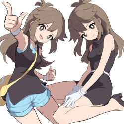  1girl armband bag bare_shoulders belt black_dress black_shirt black_shoes blue_shirt blue_shorts breasts brown_eyes brown_hair closed_mouth commentary_request dress dual_persona duplicate gloves green_(pokemon) high_heels hiyoshipow long_hair looking_at_viewer messenger_bag multiple_views open_mouth pixel-perfect_duplicate pointing pokemon pokemon:_let's_go_pikachu!_and_let's_go_eevee! pokemon_adventures pokemon_red/green/blue/yellow_(prototype) shirt shoes short_dress shorts shoulder_bag side_slit sitting sleeveless sleeveless_dress smile turtleneck turtleneck_dress two-tone_shirt wariza white_background white_belt white_gloves wristband yellow_bag 