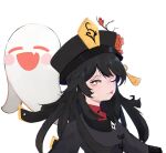  1girl absurdres black_hair black_headwear blush breasts genshin_impact ghost hat head_tilt highres hu_tao_(genshin_impact) long_hair long_sleeves looking_at_viewer mrbadartist non-web_source red_eyes smile solo tongue tongue_out 