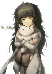  1girl absurdres bare_legs commentary cowboy_shot english_text green_eyes green_hair highres hiyajou_maho holding holding_stuffed_toy lab_coat science_adventure smile steins;gate steins;gate_0 stuffed_animal stuffed_toy user_mzje5557 