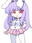  1girl :&gt; animal_ears blush_stickers fried_rice0614 highres long_hair looking_at_viewer pink_skirt pleated_skirt purple_hair rabbit_ears red_eyes reisen_udongein_inaba shirt skirt solo thigh-highs touhou very_long_hair 