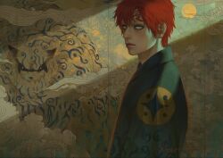  1boy black_eyeliner blue_eyes closed_mouth commentary_request dango_yum eyeliner facial_mark gaara_(naruto) highres indoors japanese_clothes kimono makeup male_focus monster naruto_(series) naruto_shippuuden no_eyebrows red_hair short_hair shukaku_(naruto) solo tattoo 