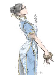  1girl black_hair blue_dress bracelet breasts brown_eyes chinese_clothes chun-li commentary_request double_bun dress hair_bun highres jewelry nom1207 pelvic_curtain qipao ribbon side_slit solo street_fighter street_fighter_6 white_background yellow_ribbon yellow_trim 