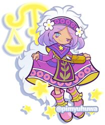  1girl bag balance_scale blue_eyes boots capelet closed_mouth commentary_request dark-skinned_female dark_skin dress earrings facial_mark flower fluffy_hair full_body hair_flower hair_ornament hairband holding_own_dress jewelry long_hair long_sleeves looking_at_viewer multicolored_hair official_style one_eye_closed pelvic_curtain pimyuhuwa pink_boots purple_capelet purple_dress purple_hair purple_hairband puyopuyo puyopuyo_quest raum_(puyopuyo) shoulder_bag simple_background sleeves_past_wrists smile solo star_(symbol) twitter_username two-tone_hair very_long_hair weighing_scale white_background white_flower white_hair yellow_bag 