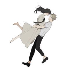  1boy 1girl arms_around_another's_waist barefoot black_hair black_pants black_shoes blonde_hair breasts closed_eyes commentary_request couple dress full_body grey_dress hand_on_another's_shoulder hetero highres hug loafers long_dress long_hair long_sleeves looking_at_another medium_breasts open_mouth pants shirt shoes short_hair short_sleeves sidelocks smile spy_x_family t-shirt tarutaruso3 twilight_(spy_x_family) twitter_username white_background white_shirt yor_briar 