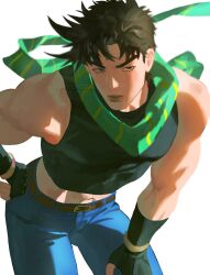  1boy battle_tendency belt black_gloves black_shirt brown_belt brown_hair closed_mouth commentary crop_top denim eyelashes fingerless_gloves gloves green_scarf hand_on_own_hip hand_on_own_leg highres jeans jojo_no_kimyou_na_bouken joseph_joestar joseph_joestar_(young) male_focus midriff muscular muscular_male navel pants scarf sendohsbae shirt short_hair simple_background sleeveless solo white_background 