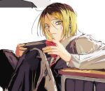  1boy black_pants black_vest blonde_hair brown_hair closed_mouth commentary_request formal haikyuu!! handheld_game_console holding holding_handheld_game_console knees_up korean_commentary kozume_kenma long_sleeves looking_at_viewer male_focus multicolored_hair necktie nintendo_switch pants red_necktie shirt short_hair simple_background sitting solo suit two-tone_hair vest wangcheolgab white_background white_shirt yellow_eyes 