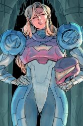  1girl absurdres blonde_hair cowboy_shot hair_down helmet highres holding holding_unworn_helmet indoors long_hair metroid metroid_ravenous power_suit_(metroid) ravenous_suit rygge samus_aran solo sweat unworn_headwear unworn_helmet 