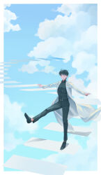  1boy black_hair black_shirt blue_sky border closed_eyes clouds cloudy_sky coat collared_shirt commentary day dreaming_nozomu floating_stairs full_body kim_dokja leg_up male_focus omniscient_reader's_viewpoint open_clothes open_coat outdoors outstretched_arms shirt short_hair sky smile solo standing standing_on_one_leg t-pose untranslatable_commentary white_border white_coat 