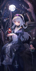  4girls 985783509 absurdres bare_tree black_collar black_dress black_hairband black_ribbon black_wings blonde_hair blue_eyes bonnet brown_hair collar commentary_request cross cross-laced_clothes cross-laced_dress cross_print detached_collar dress feathered_wings flower full_body full_moon gothic_lolita green_eyes grey_hair hair_ribbon hairband heterochromia highres holding holding_watering_can juliet_sleeves layered_dress layered_sleeves lolita_fashion lolita_hairband long_hair long_sleeves looking_at_another moon multiple_girls neck_ribbon night open_mouth original puffy_sleeves purple_flower purple_rose red_bonnet red_dress red_eyes ribbon rose rozen_maiden shinku sitting smile suigintou suiseiseki tree twintails very_long_hair watering_can white_dress wings 
