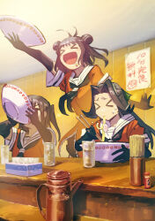  >_< 3girls absurdres antenna_hair black_hair black_neckerchief bowl chopsticks closed_eyes commentary cup double_bun eating elbow_gloves food food_on_face gloves hair_bun hair_intakes highres holding holding_bowl holding_chopsticks indoors jintsuu_(kancolle) kantai_collection long_hair multiple_girls muu_(barubarubarubaru) naka_(kancolle) neckerchief noodles open_mouth pitcher_(container) ramen sailor_collar school_uniform sendai_(kancolle) serafuku short_sleeves sign sweat table tissue_box white_sailor_collar 