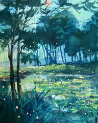  blue_sky commentary day english_commentary fireflies forest gouache_(medium) grass kate_avery lily_pad nature no_humans original outdoors painting_(medium) river scenery sky sun traditional_media tree 