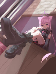  1girl :3 absurdres bare_shoulders black_shirt black_shoes black_skirt blue_archive blush bow bow-shaped_hair brooch closed_mouth collared_shirt commentary cone_hair_bun detached_sleeves double_bun dutch_angle eyelashes fishnet_thighhighs fishnets foreshortening frilled_shirt frills from_below full_body hair_bow hair_bun hair_ornament hairclip halo hand_up heart heart_brooch heart_hair_ornament highres jewelry jirai_kei karen_(blue_archive) knees_together_feet_apart legs long_hair long_sleeves miniskirt multicolored_nails nail_polish outdoors parallel_hairclips pink_hair pink_nails pink_ribbon pleated_skirt pointy_ears purple_halo purple_nails ribbon shirt shoe_soles shoes sidelighting sidelocks single_thighhigh sitting skirt sleeveless sleeveless_shirt slit_pupils smile solo split_mouth thigh-highs tsurime twintails two-tone_nails user_crtg5578 very_long_hair violet_eyes white_bow 
