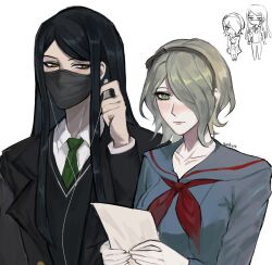  1boy 1girl absurdres ascot black_hair black_mask blue_serafuku blush chibi collared_jacket collared_shirt covered_mouth danganronpa_(series) danganronpa_v3:_killing_harmony gakuran green_eyes green_hair hair_over_one_eye highres holding holding_letter jacket letter long_hair long_sleeves mask mouth_mask red_ascot school_uniform serafuku shanheen shinguji_korekiyo shirt short_hair tojo_kirumi yellow_eyes 