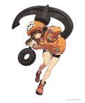  1girl absurdres anchor ankle_boots backpack bag bent_over bike_shorts black_shorts boots brown_eyes brown_hair copyright counter:side guilty_gear guilty_gear_strive hand_over_eye hat highres holding holding_anchor hood hoodie leg_up long_sleeves looking_at_viewer may_(guilty_gear) official_art orange_footwear orange_headwear orange_hoodie over_shoulder pirate_hat shorts skull_and_crossbones smile tachi-e transparent_background weapon weapon_over_shoulder 