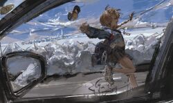  1girl ^_^ backpack bag black_skirt blue_shirt blue_sky bottle braid car car_interior closed_eyes clouds cloudy_sky commentary_request condensation crop_top cropped_shirt fate/grand_order fate_(series) floating_hat from_side glass_writing hat highres lanyard leg_up long_hair long_sleeves miniskirt motor_vehicle open_mouth orange_hair outdoors outstretched_arm plastic_bottle pleated_skirt road scenery shirt shoes side-view_mirror side_braid skirt sky smile sneakers snow solo through_window unworn_hat unworn_headwear van_gogh_(fate) water_bottle white_shoes xxtyy 