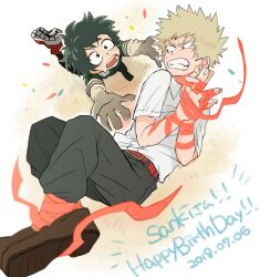  2018 2boys akiyama_(noconoco) arms_up bakugou_katsuki belt belt_buckle black_pants blonde_hair boku_no_hero_academia bound brown_shoes buckle clenched_teeth collared_shirt commentary_request dated english_text eye_contact freckles gloves green_hair highres looking_at_another looking_to_the_side male_focus midoriya_izuku multiple_boys open_mouth outstretched_arms pants parted_bangs red_belt red_eyes red_ribbon red_shoes ribbon running shirt shoes short_hair short_sleeves sneakers sweat teeth tied_up_(nonsexual) tongue very_short_hair white_background wing_collar 