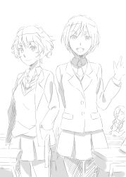  3girls aldnoah.zero alternate_costume alternate_universe amifumi_inko arm_behind_back blazer bow bowtie classroom closed_eyes commentary desk elbow_rest greyscale hand_up hands_in_pockets hatching_(texture) head_rest indoors jacket looking_at_viewer messy_hair monochrome multiple_girls necktie nina_klein open_mouth pantyhose pleated_skirt rayet_areash school_desk school_uniform short_hair skirt smile sweater sweater_under_jacket teeth upper_teeth_only werkbau 