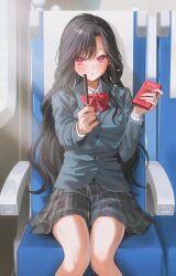  1girl :o black_hair blazer blush bow bowtie commentary day food highres holding holding_food holding_pocky jacket kao_no_yosugiru_osananajimi_to_kizuitara_asa_chun_shiteta_ken long_hair long_sleeves looking_at_viewer narrow_waist offering_food official_art parted_bangs pink_eyes plaid_clothes plaid_skirt pleated_skirt pocky red_bow red_bowtie school_uniform shirt sinomi sitting skirt solo thighs train_interior very_long_hair violet_eyes white_shirt yukimura_mizuki 