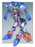  1girl android border breasts capcom dakusuta gradient gradient_background green_hair grey_background hair_between_eyes helmet highres holding holding_staff holding_weapon medium_breasts mega_man_(series) mega_man_zx pandora_(mega_man) power_armor red_eyes smile solo staff tongue tongue_out weapon white_border 