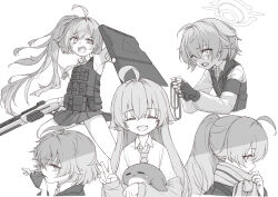  1girl absurdres age_progression ahoge ballistic_shield blue_archive bulletproof_vest collared_shirt commentary fingerless_gloves gloves greyscale gun halo highres holding holding_gun holding_id_card holding_shield holding_weapon hoshino_(armed)_(blue_archive) hoshino_(blue_archive) hoshino_(first_year)_(blue_archive) hoshino_(second_year)_(blue_archive) huge_ahoge id_card long_hair miniskirt missing_halo monochrome necktie nekomimi_jiushi_seigi panties pantyshot ponytail scarf school_uniform shield shirt short_hair shotgun simple_background skirt smile tactical_school_uniform tears underwear v weapon white_background 