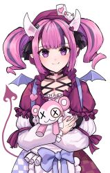  1girl card choker commentary demon_girl demon_horns dinotodon dress hat highres horns ironmouse ironmouse_(wonderland_reject) long_hair looking_at_viewer multicolored_hair pink_hair playing_card pointy_ears purple_hair see-through_horns smile solo streaked_hair stuffed_monkey twintails violet_eyes virtual_youtuber vshojo white_background 