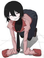  1girl all_fours black_hair black_necktie black_pantyhose black_skirt commentary hair_between_eyes highres jacket loafers looking_at_viewer monogatari_(series) nao_art naoetsu_high_school_uniform necktie on_floor oshino_ougi pantyhose parted_lips pink_jacket school_uniform shoes short_hair skirt sleeves_past_fingers sleeves_past_wrists solo 