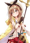  1girl atelier_(series) atelier_ryza belt blush brown_eyes brown_gloves brown_hair gloves hat hat_ribbon highres jacket red_shorts reisalin_stout retumihari ribbon shirt short_hair short_shorts shorts single_glove solo white_headwear white_shirt yellow_jacket 