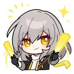  1girl black_gloves chibi chibi_only closed_mouth gloves glowstick grey_hair holding honkai:_star_rail honkai_(series) jacket light_blush looking_at_viewer medium_hair official_art shirt sleeves_rolled_up solo stelle_(honkai:_star_rail) trailblazer_(honkai:_star_rail) upper_body white_shirt 