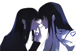  2girls absurdres black_hair black_track_suit chinese_commentary cigarette cigarette_kiss closed_eyes commentary_request highres holding holding_cigarette japanese_clothes kimono limbus_company long_hair looking_at_another mother_and_child mother_and_daughter multiple_girls parent_and_child project_moon red_eyes ryoshu_(project_moon) shiomi_yoru_(project_moon) simple_background smoking straight_hair track_suit white_background white_kimono xie_hui_haobu_hao 