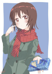  1girl blue_background blue_bow blush border bow brown_eyes brown_hair buttons coat dot_nose finger_to_cheek funami_yui gift green_coat happy_valentine highres holding holding_gift incoming_gift machiyama_akane outside_border plaid_clothes plaid_scarf raised_eyebrows red_scarf scarf short_hair signature solo valentine white_border yuruyuri 