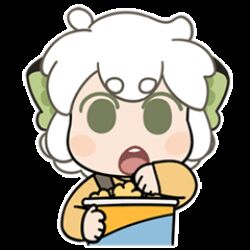  1boy animal_ears animated animated_gif blush cat_boy cat_ears chibi chibi_only commentary eating english_commentary food green_eyes long_sleeves lowres luo_xiaohei luo_xiaohei_(human) male_focus official_art overalls popcorn popcorn_bucket simple_background solo sticker_(medium) the_legend_of_luo_xiaohei white_background white_hair 