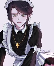  1boy apron black_dress black_hair cross cross_necklace crossdressing crossdressing_(mtf) degrees_of_lewdity dress frilled_apron frills highres jewelry long_hair looking_at_viewer low_ponytail maid maid_apron maid_headdress male_focus male_maid myoran_dol necklace ponytail puffy_sleeves sydney_(degrees_of_lewdity) sydney_(male)_(degrees_of_lewdity) white_apron white_headdress yellow_eyes 