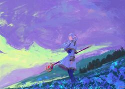  1girl absurdres artist_name black_pantyhose capelet clouds commentary elf forest frieren full_body highres long_hair meadow nature outdoors pantyhose pointy_ears rapixer shirt skirt solo sousou_no_frieren standing striped_clothes striped_shirt twintails untranslatable_commentary white_capelet white_hair white_skirt 
