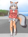  1girl animal_ears black_shirt blush collared_shirt fox_ears fox_girl fox_tail fur_trim gloves grey_hair grey_pantyhose grey_skirt highres island_fox_(kemono_friends) jacket kemono_friends loafers long_hair long_sleeves looking_at_viewer multicolored_hair necktie orange_hair orange_jacket orange_pantyhose pantyhose pleated_skirt shirt shoes skirt solo tail twintails two-tone_hair two-tone_legwear uf34a white_footwear white_fur white_gloves white_necktie yellow_eyes 