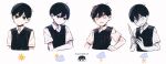  1boy ahoge black_hair black_vest collared_shirt expressions geckoyutuyamori hair_between_eyes highres holding holding_knife knife male_focus omori shirt short_hair short_sleeves solo sunny_(omori) upper_body vest white_background 