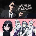  +++ 1boy 2girls ahoge angelia_(girls&#039;_frontline) black_background black_eyes black_hair black_necktie blush bound breasts english_text formal girls_frontline heart highres hk416_(black_kitty&#039;s_gift)_(girls&#039;_frontline) hk416_(girls&#039;_frontline) hk416_(herbal-flavored_hard_candy)_(girls&#039;_frontline) hk416_(starry_cocoon)_(girls&#039;_frontline) interrogation large_breasts long_hair looking_at_viewer medium_hair multiple_girls multiple_persona necktie official_alternate_costume open_mouth pink_background pointing pointing_at_another shouting simple_background smile suit sunglasses tied_up_(nonsexual) v variasii very_long_hair white_hair yellow_eyes younger 
