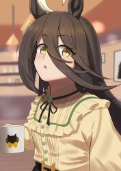  1girl absurdres ahoge animal_ears belt black_belt black_hair black_ribbon black_skirt blush cat_ears commentary_request cup ear_ornament ear_tag earrings frilled_shirt frills hair_between_eyes highres holding holding_cup horse_ears horse_girl jewelry long_bangs long_hair long_hair_between_eyes manhattan_cafe_(umamusume) mug multicolored_hair neck_ribbon novelm parted_lips ribbon shirt shirt_tucked_in single_earring skirt solo umamusume white_hair yellow_eyes yellow_shirt 