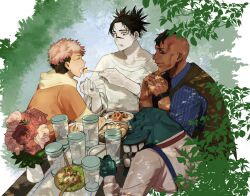  4boys black_hair black_sclera bread choso_(jujutsu_kaisen) closed_eyes closed_mouth colored_sclera colored_skin eso_(jujutsu_kaisen) facial_mark flower food fork formal_clothes green_skin highres itadori_yuji jujutsu_kaisen kechizu_(jujutsu_kaisen) multiple_boys nonexistent_memories_(jujutsu_kaisen) open_mouth outdoors pasta picnic picnic_table piercing pink_flower pink_hair plate red_flower rose salad seinikuten shirt short_hair spaghetti table violet_eyes white_shirt 