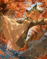  1girl absurdres animal_ears autumn black_coat black_veil blue_archive blue_eyes blue_neckerchief blush braid coat commentary dress forest grin highres long_hair long_sleeves mari_(blue_archive) nature neckerchief nun open_clothes open_coat orange_hair sailor_collar single_braid smile solo stalwhat tree veil water white_dress white_sailor_collar 