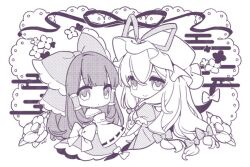  2girls bow closed_mouth detached_sleeves dress egasumi frilled_bow frilled_hair_tubes frills gloves hair_bow hair_tubes hakurei_reimu hat hat_ribbon long_hair looking_at_viewer mob_cap monochrome multiple_girls puffy_short_sleeves puffy_sleeves ribbon ribbon-trimmed_sleeves ribbon_trim short_sleeves skirt smile touhou very_long_hair yakumo_yukari yuji_tsukumo 
