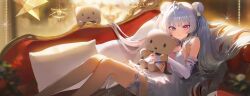  1girl ahoge bare_legs bare_shoulders blue_eyes bow chaise_longue character_request closed_mouth commission couch detached_sleeves double_bun dress frilled_thigh_strap grey_hair hair_bow hair_bun heterochromia hugging_doll hugging_object kkumang long_hair looking_at_viewer original pink_eyes sitting sleeveless sleeveless_dress smile solo thigh_strap very_long_hair white_dress 
