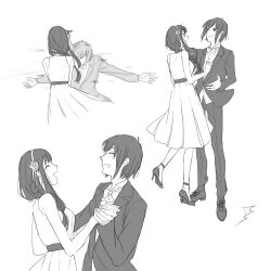  1boy 1girl blush bow bowtie brother_and_sister closed_mouth commentary_request dress eye_contact facing_another flower formal_clothes greyscale hair_flower hair_ornament hairband high_heels highres holding_hands jacket laughing long_hair looking_at_another monochrome multiple_views pants shirt shoes short_hair siblings sleeveless sleeveless_dress smile spy_x_family suit suit_jacket tarutaruso3 twilight_(spy_x_family) white_background yuri_briar 
