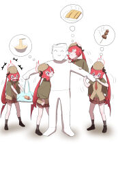  1boy 1girl absurdres black_horns black_shoes blue_archive chinese_commentary closed_mouth coat commentary_request detective doodle_sensei_(blue_archive) food full_body grey_coat grey_socks halo highres horns jinrou_mangfu junko_(blue_archive) long_hair looking_at_another low_twintails necktie open_mouth plaid_clothes plaid_skirt red_hair red_halo red_necktie red_skirt sensei_(blue_archive) shoes simple_background skirt socks solo_focus speech_bubble twintails violet_eyes white_background 