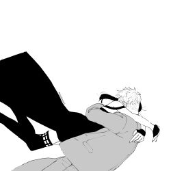  1boy 1girl catching commentary_request dress falling glomp greyscale highres hug jacket monochrome pants short_hair sidelocks simple_background spy_x_family tarutaruso3 thigh-highs twilight_(spy_x_family) twitter_username white_background yor_briar 