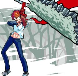  1boy abs absurdres arm_scarf arm_up asymmetrical_arms axe bandages black_shoes blue_pants blue_sleeves clothes_lift colored_skin commentary corruption dark_skin denim emiya_shirou english_commentary fate/stay_night fate_(series) forest full_body grey_shoes hand_on_own_arm heaven's_feel highres holding holding_weapon huge_weapon jeans legs_apart linea_alba midriff multicolored_shoes multicolored_skin nameless_axe-sword_(fate) nature orange_eyes orange_hair panipancakes pants raglan_sleeves red_bandage shirt shirt_lift shoes shroud_of_martin sneakers solo spiky_hair sword torn_sleeve two-tone_shoes two-tone_skin weapon white_shirt wind wind_lift 