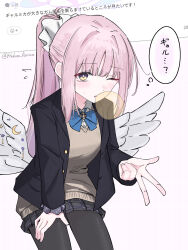  1girl alternate_costume angel_wings black_jacket black_pantyhose black_scrunchie black_skirt blue_archive blue_bow blue_bowtie blue_halo bow bowtie brown_sweater chewing_gum collared_shirt crescent_wing_ornament cropped_legs feathered_wings flying_sweatdrops gradient_halo gyaru_v hair_ornament halo hand_on_own_thigh highres hukuro_kasiwa jacket long_hair long_sleeves looking_at_viewer low_wings mika_(blue_archive) multicolored_halo one_eye_closed open_clothes open_jacket pantyhose pink_hair pink_halo plaid_clothes plaid_skirt pleated_skirt ponytail school_uniform scrunchie shirt skirt solo speech_bubble sweater thought_bubble twitter_username v white_background white_shirt white_wings wing_ornament wings wrist_scrunchie yellow_eyes 