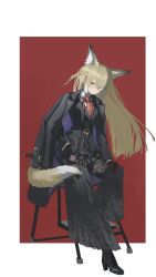  1girl absurdres arknights black_jacket black_pants blonde_hair border brown_gloves chain chanian_t chinese_commentary closed_mouth coat coat_on_shoulders commentary eyes_visible_through_hair full_body gloves gold_chain hair_between_eyes hand_in_pocket highres jacket long_hair long_sleeves looking_at_viewer necktie o-ring outside_border pants pleated_pants red_background red_necktie scar scar_on_cheek scar_on_face simple_background sitting solo tail unfinished vulpisfoglia_(arknights) white_border 